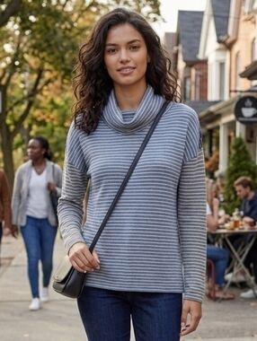 Nic+Zoe Women’s Blue & Grey Striped Cowl Neck Sweater – Size M